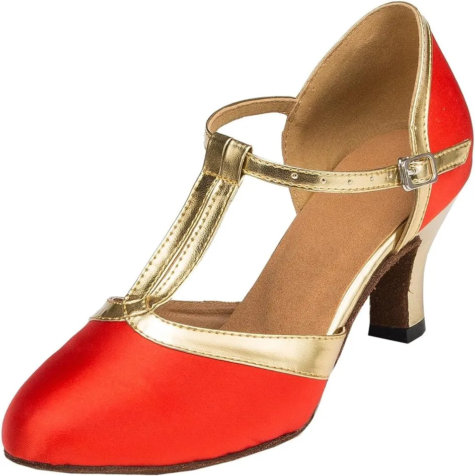 TDA Womens Closed Toe T-strap Synthetic Latin Modern Salsa Tango Ballroom Wedding Dance Shoes