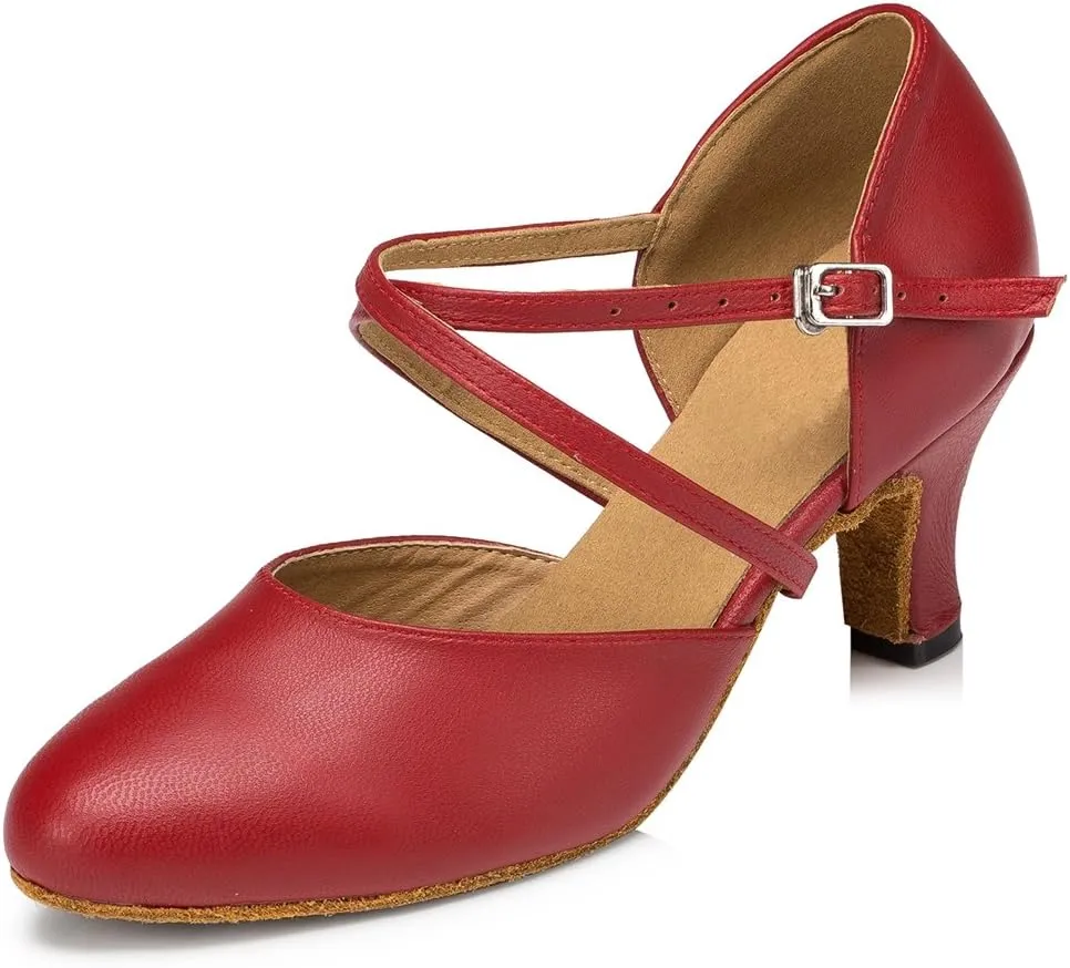 TDA Women's Comfort Ankle Strap Leather Classic Salsa Tango Ballroom Latin Modern Dance Wedding Shoes