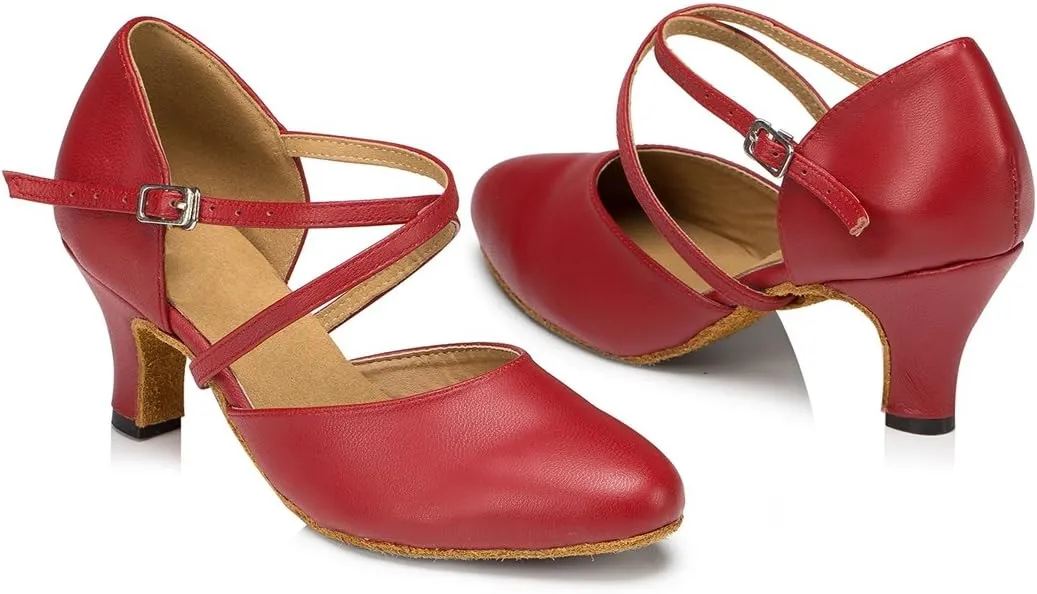 TDA Women's Comfort Ankle Strap Leather Classic Salsa Tango Ballroom Latin Modern Dance Wedding Shoes