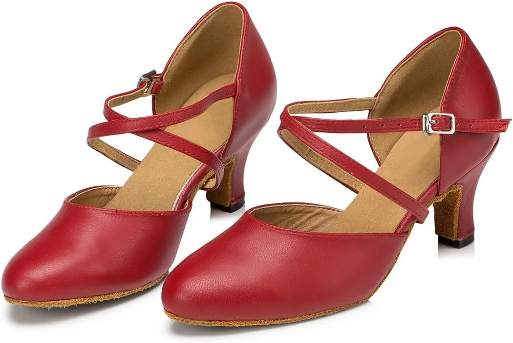 TDA Women's Comfort Ankle Strap Leather Classic Salsa Tango Ballroom Latin Modern Dance Wedding Shoes