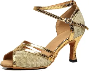 TDA Women's Comfort Flared Heel Peep Toe Glitter Tango Salsa Social Ballroom Modern Latin Dance Shoes
