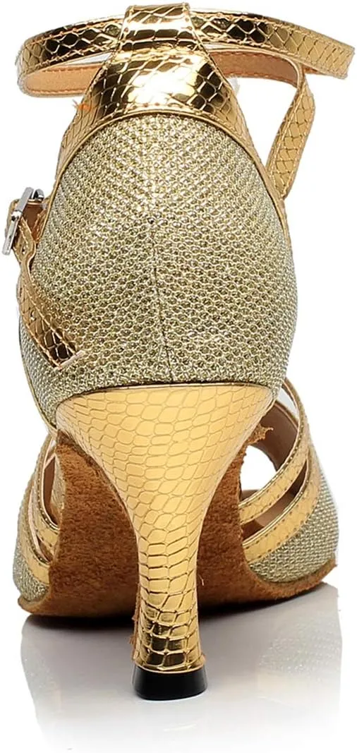 TDA Women's Comfort Flared Heel Peep Toe Glitter Tango Salsa Social Ballroom Modern Latin Dance Shoes