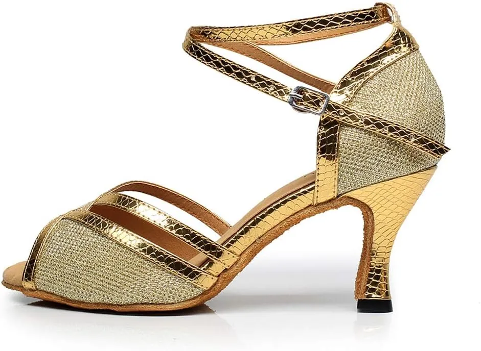 TDA Women's Comfort Flared Heel Peep Toe Glitter Tango Salsa Social Ballroom Modern Latin Dance Shoes