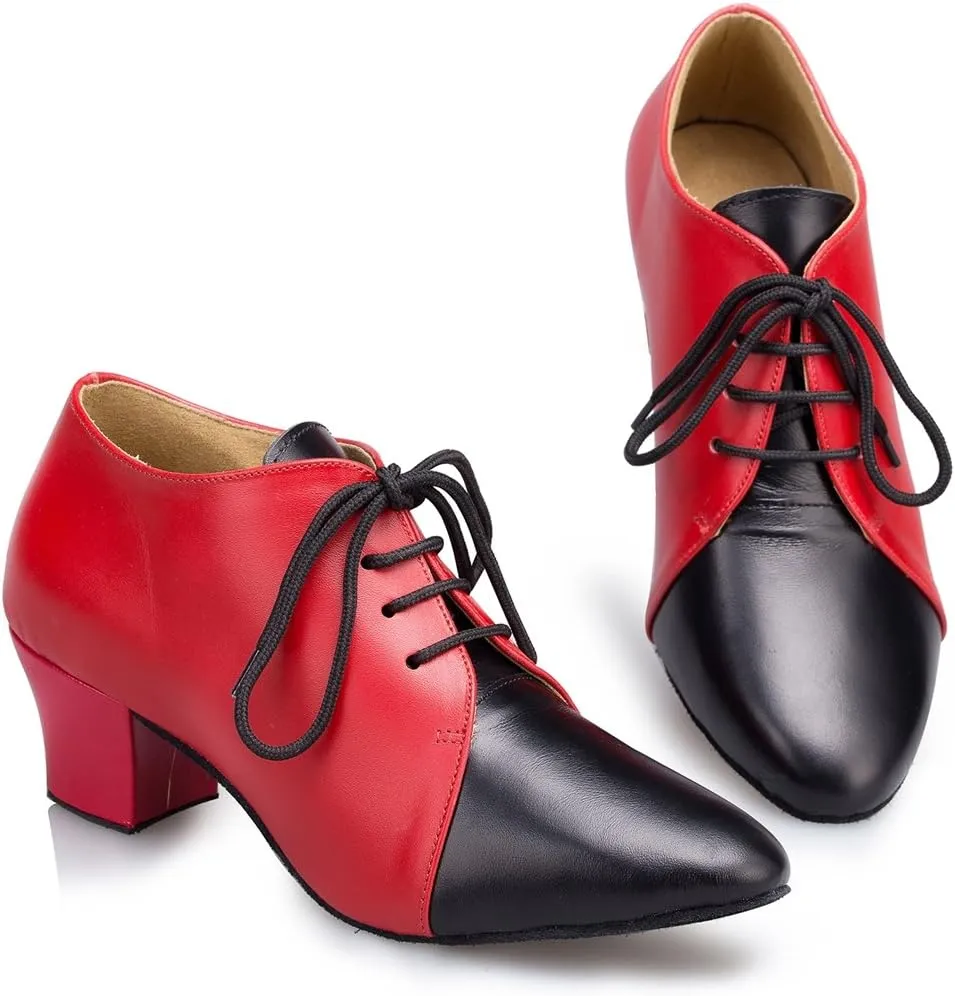 TDA Women's Comfort Low Heel Lace-up Leather Salsa Tango Ballroom Latin Modern Dance Wedding Shoes