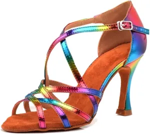 TDA Women's Cross Strap Flared Heel Synthetic Salsa Chacha Character Latin Modern Dance Shoes