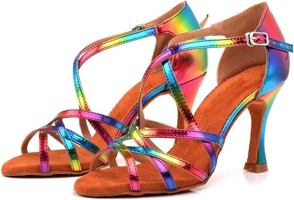 TDA Women's Cross Strap Flared Heel Synthetic Salsa Chacha Character Latin Modern Dance Shoes