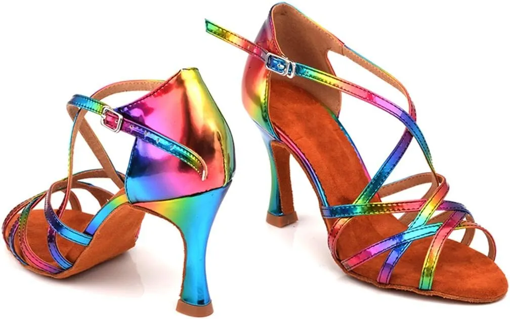 TDA Women's Cross Strap Flared Heel Synthetic Salsa Chacha Character Latin Modern Dance Shoes