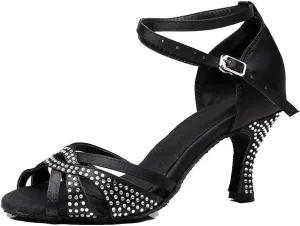 TDA Women's Flared Heel Peep Toe Rhinestones Tagno Salsa Wedding Ballroom Modern Latin Dance Shoes