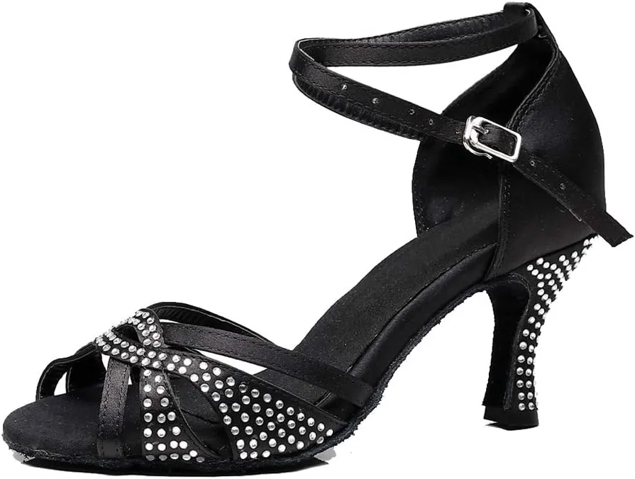 TDA Women's Flared Heel Peep Toe Rhinestones Tagno Salsa Wedding Ballroom Modern Latin Dance Shoes
