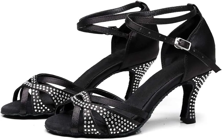 TDA Women's Flared Heel Peep Toe Rhinestones Tagno Salsa Wedding Ballroom Modern Latin Dance Shoes