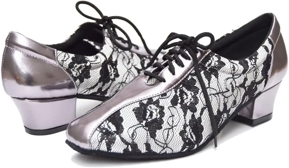 TDA Women's SM1896 Comfort Chunky Heel Lace Leather Salsa Tango Ballroom Latin Modern Dance Shoes