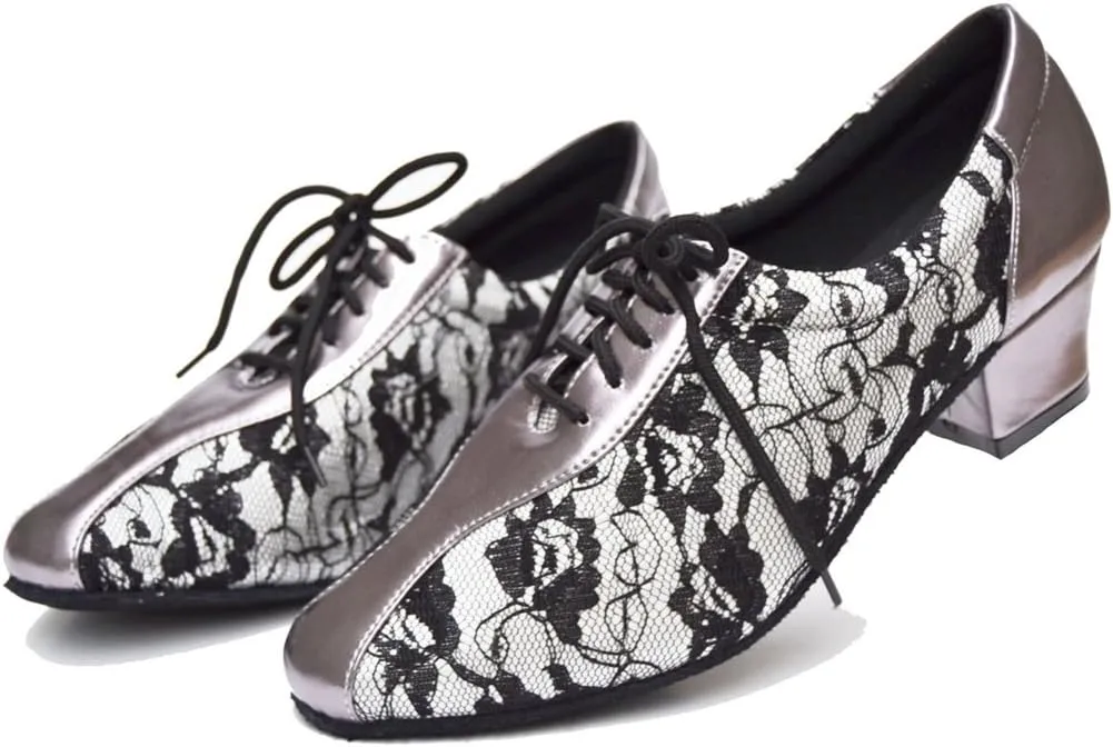 TDA Women's SM1896 Comfort Chunky Heel Lace Leather Salsa Tango Ballroom Latin Modern Dance Shoes