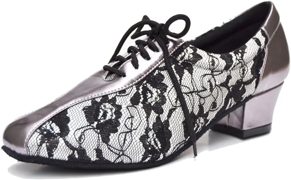 TDA Women's SM1896 Comfort Chunky Heel Lace Leather Salsa Tango Ballroom Latin Modern Dance Shoes