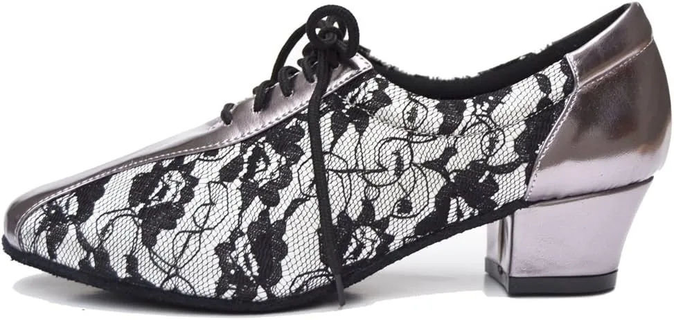 TDA Women's SM1896 Comfort Chunky Heel Lace Leather Salsa Tango Ballroom Latin Modern Dance Shoes