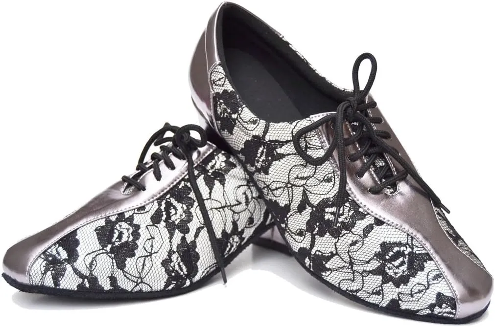 TDA Women's SM1896 Comfort Chunky Heel Lace Leather Salsa Tango Ballroom Latin Modern Dance Shoes