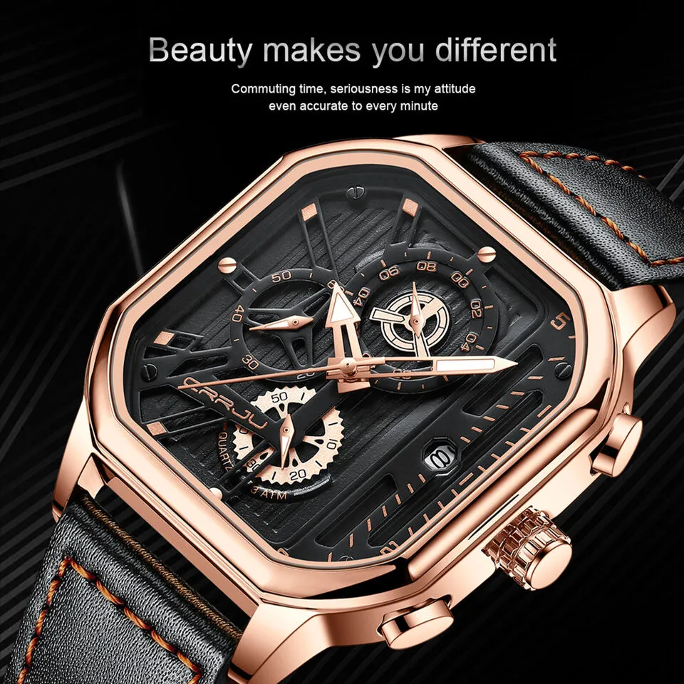 Waterproof Luxury CRRJU Men's Leather Watch Analog Quartz Luminous Business Gift