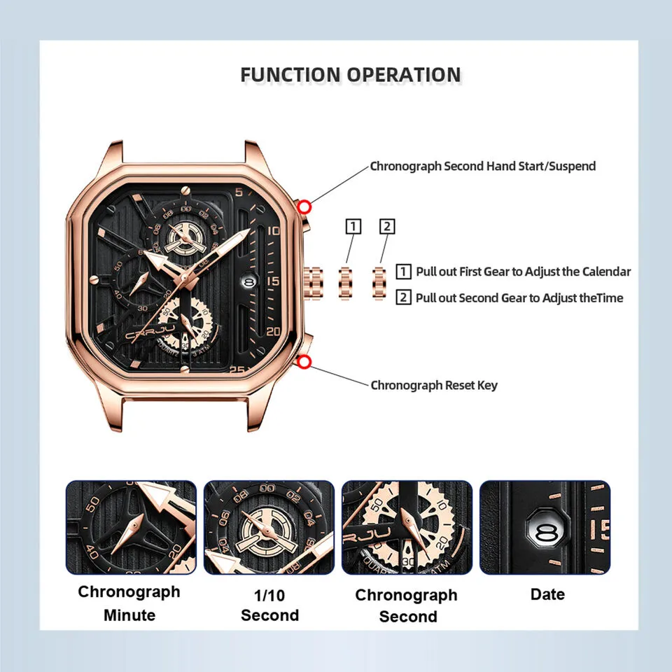 Waterproof Luxury CRRJU Men's Leather Watch Analog Quartz Luminous Business Gift