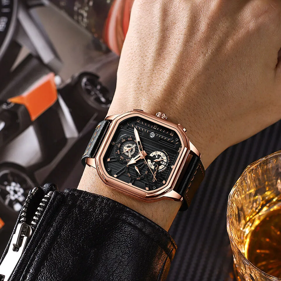 Waterproof Luxury CRRJU Men's Leather Watch Analog Quartz Luminous Business Gift