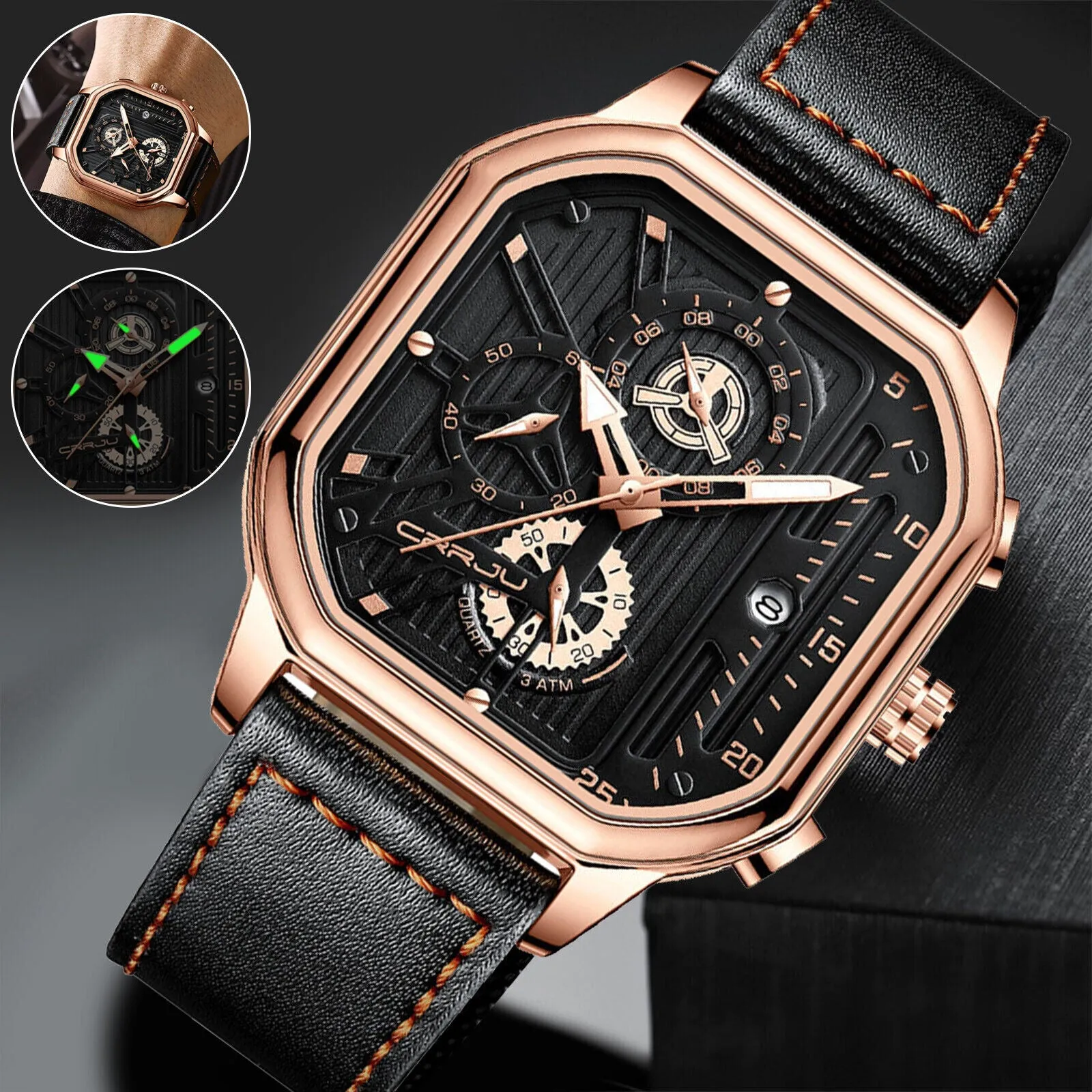 Waterproof Luxury CRRJU Men's Leather Watch Analog Quartz Luminous Business Gift
