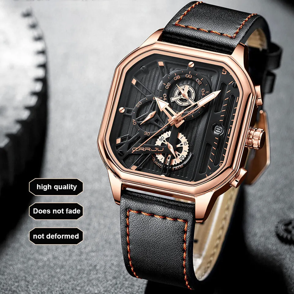 Waterproof Luxury CRRJU Men's Leather Watch Analog Quartz Luminous Business Gift