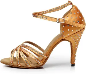 WENDYWU Women Latin Shoes Rhinestone Ballroom 4" High Heel Sandals Dance Shoes
