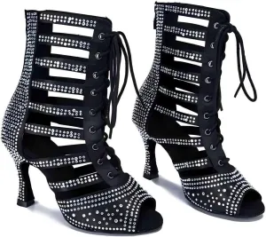 Women Ballroom Dance Boots Rhinestone Handmade Sandals Latin Salsa Modern Practice Performance Dance Boots Shoes
