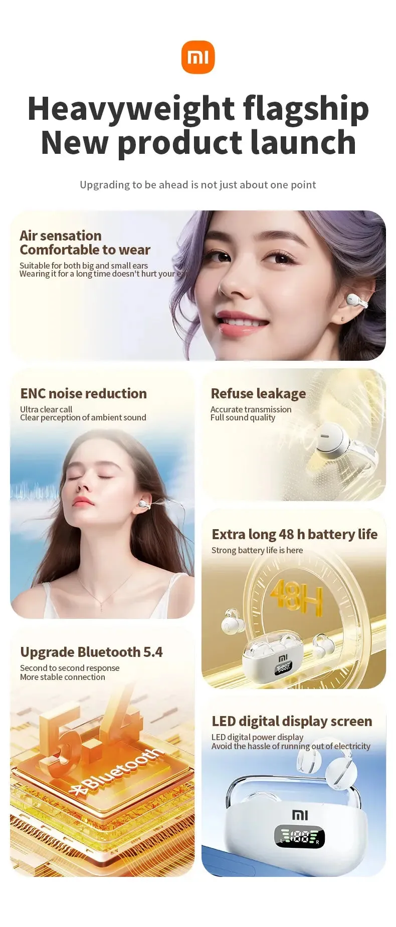 XIAOMI S39 Ear Clip ENC Headset Wireless Bluetooth5.4 Headphone LED Digital Display Sport Running Earphone For Android iOS
